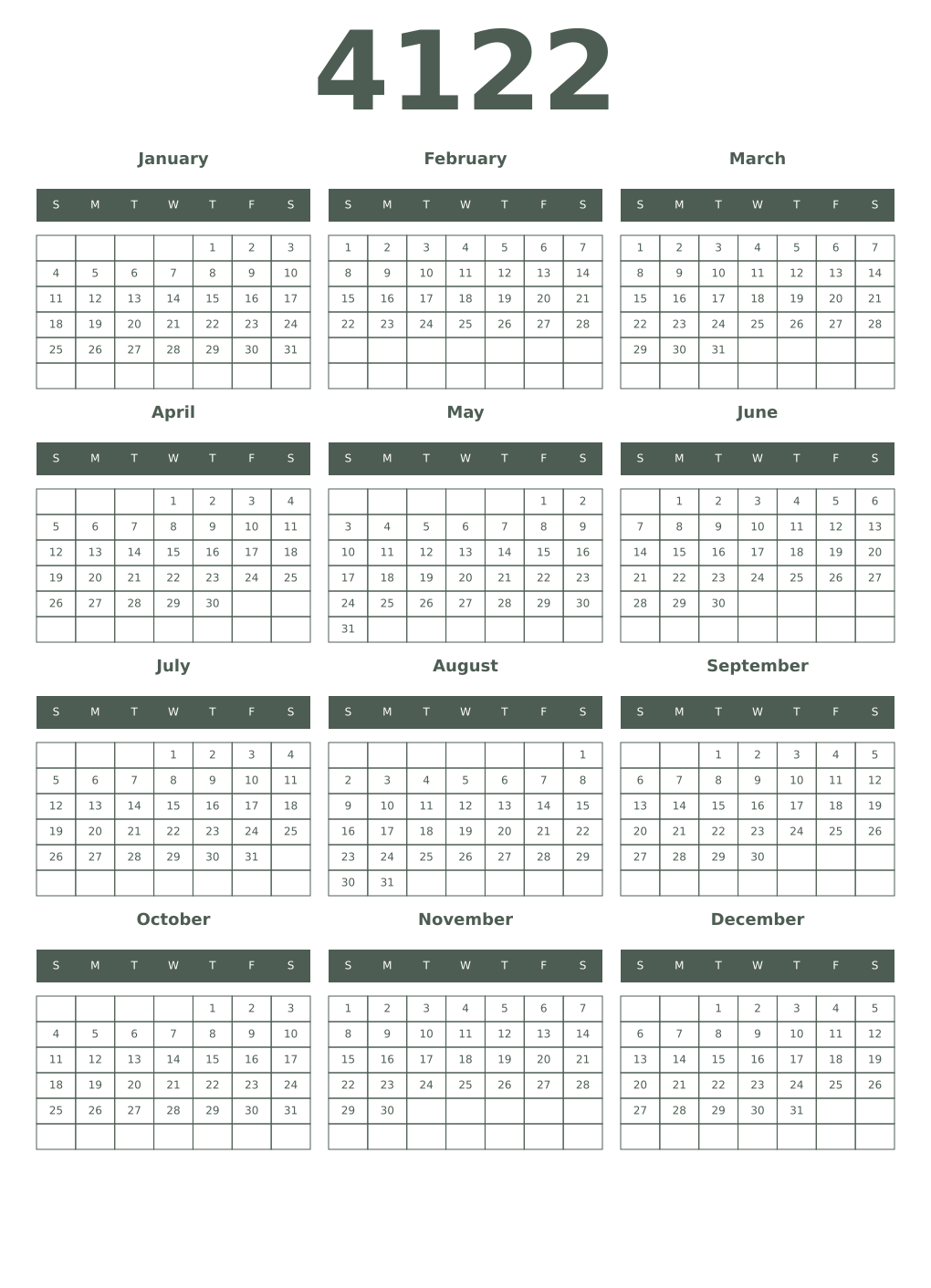 Printable 4122 Year Calendars feldgrau