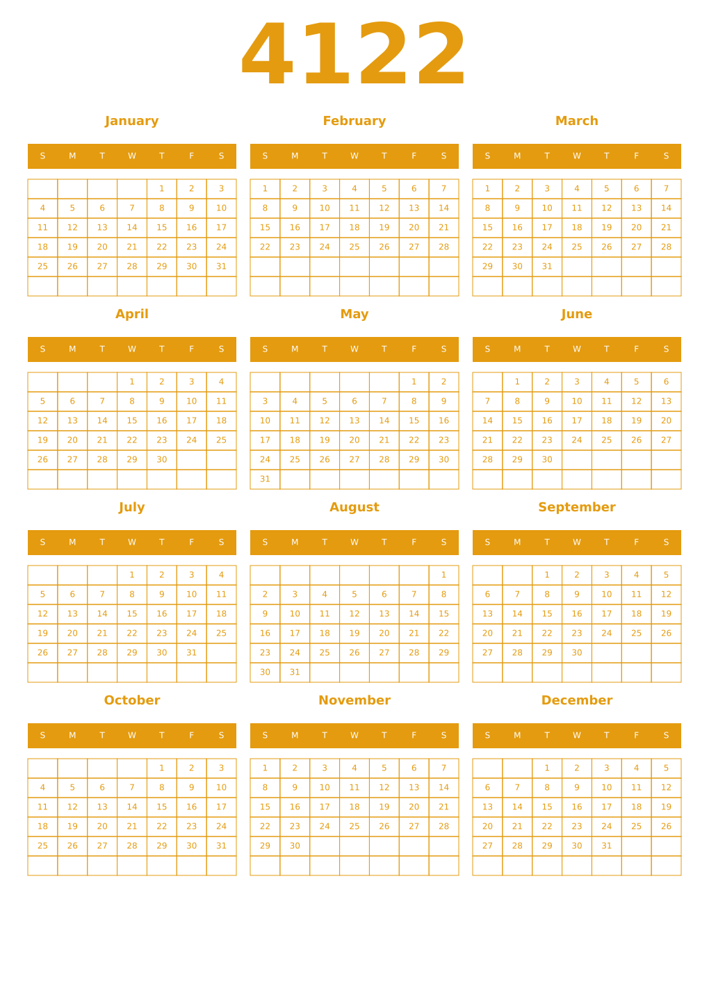 Printable 4122 Year Calendars gamboge
