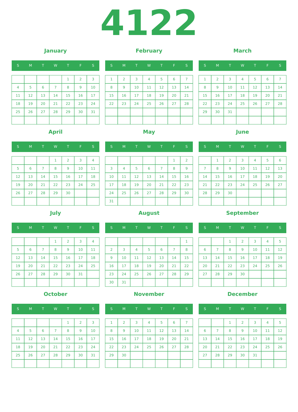 Printable 4122 Year Calendars green