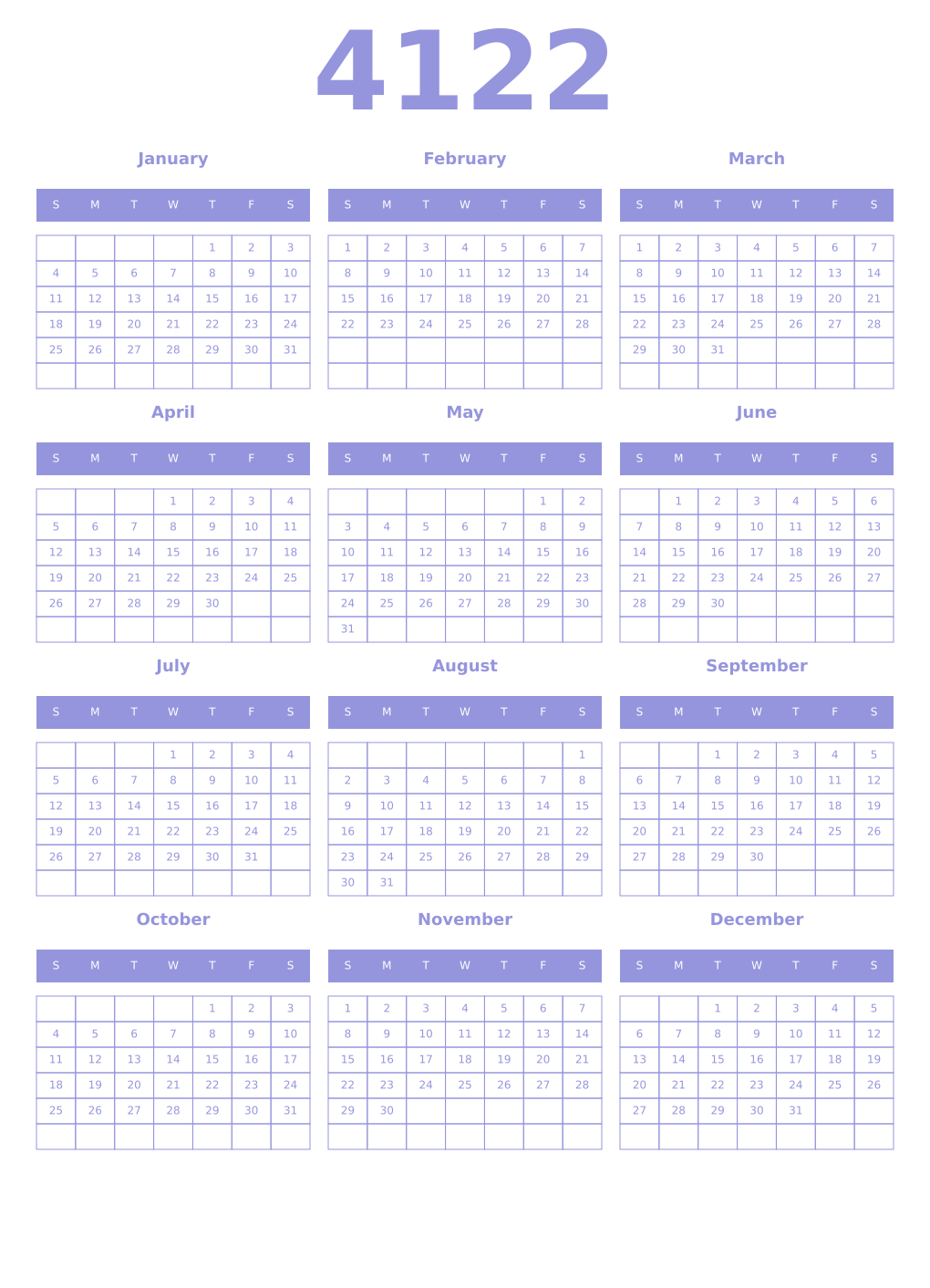 Printable 4122 Year Calendars periwinkle