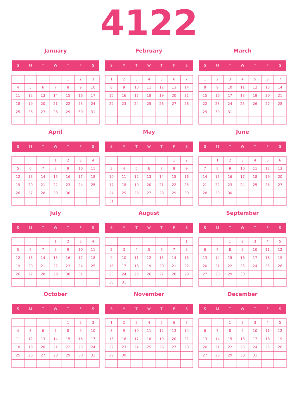 Printable 4122 Year Calendars pink