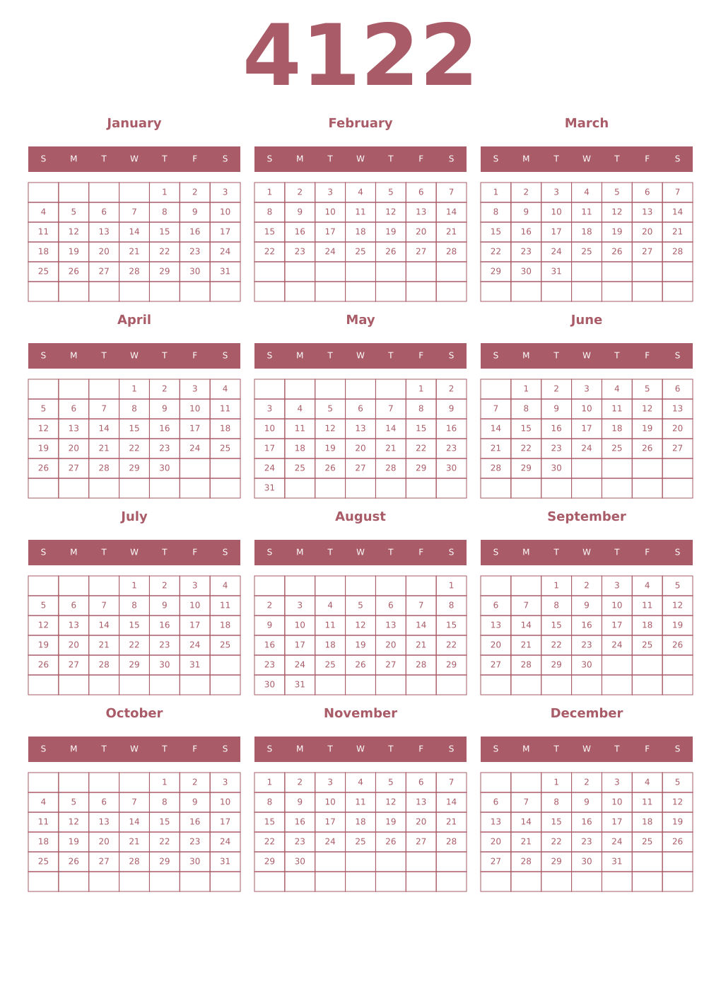 Printable 4122 Year Calendars puce