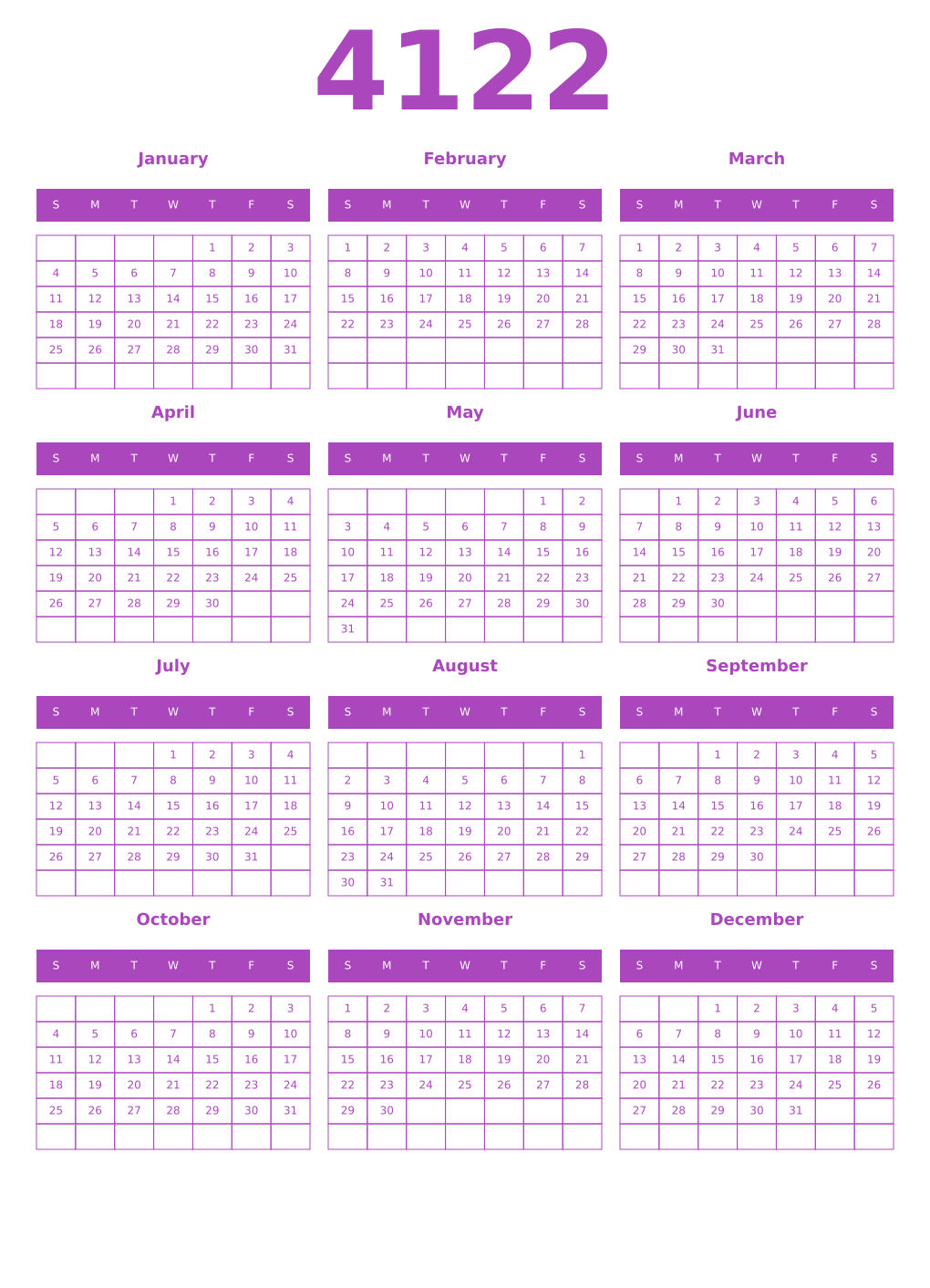 Printable 4122 Year Calendars purple