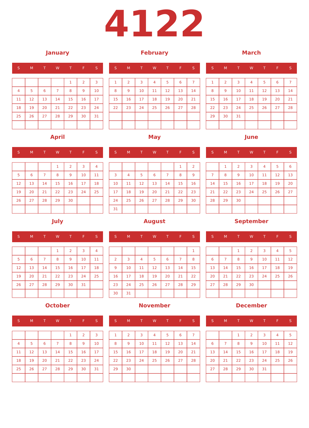 Printable 4122 Year Calendars red