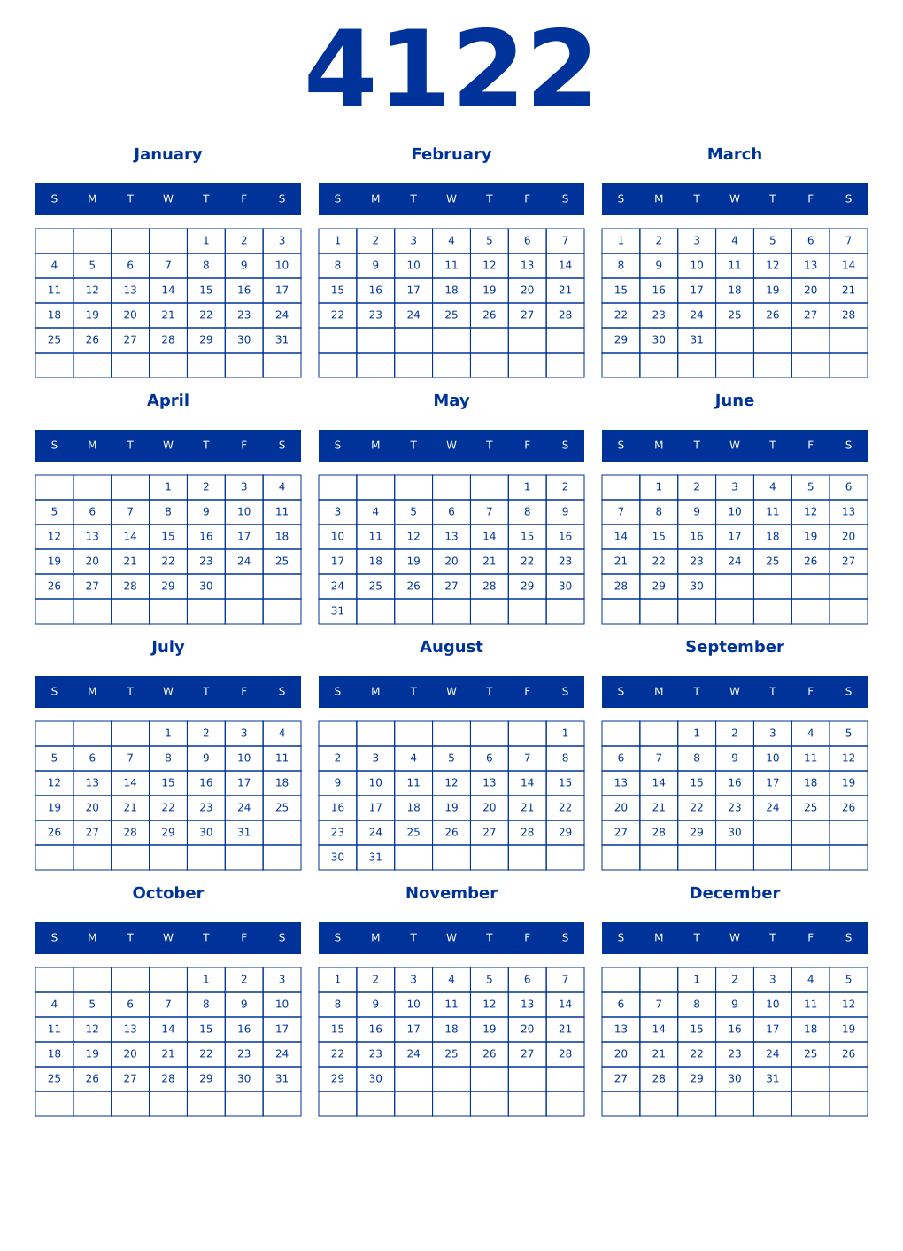 Printable 4122 Year Calendars smalt