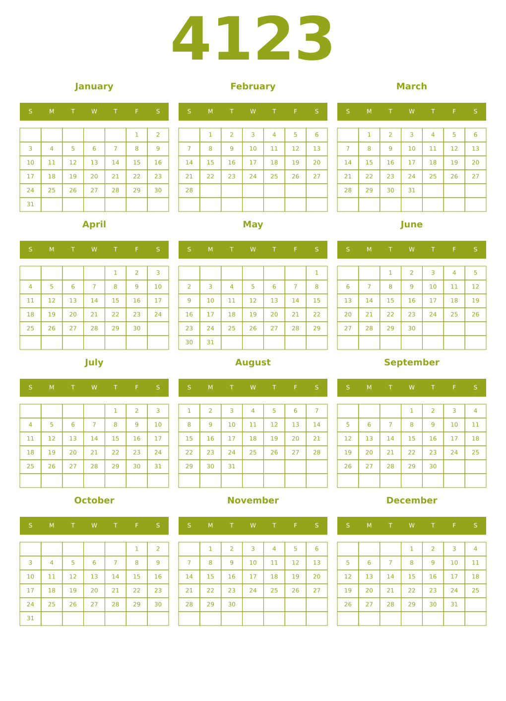 Printable 4123 Year Calendars chartreuse