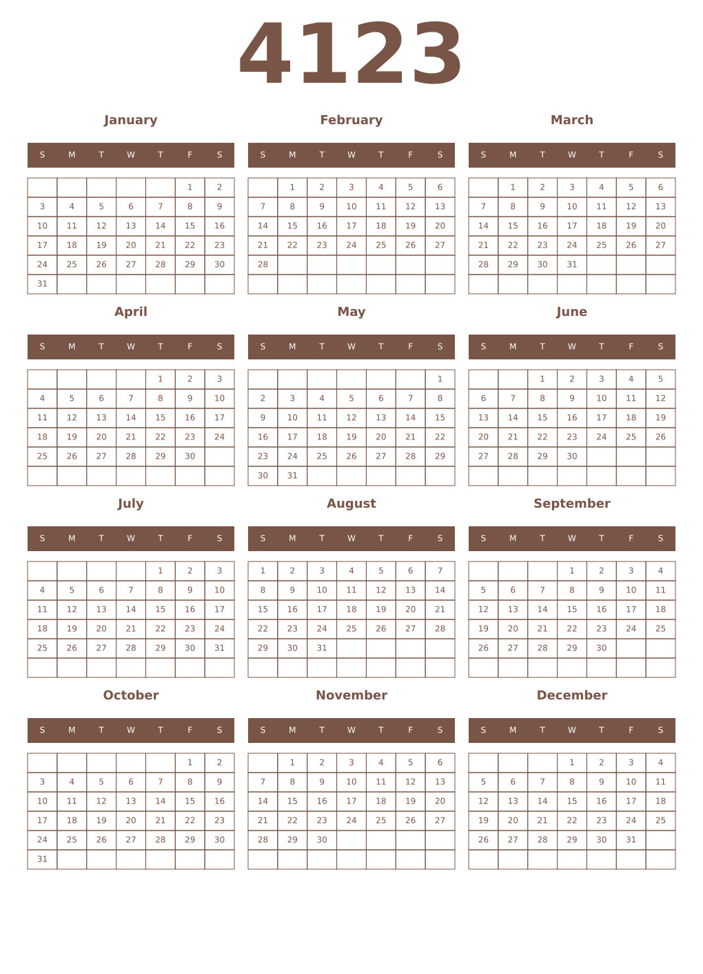 Printable 4123 Year Calendars coffe