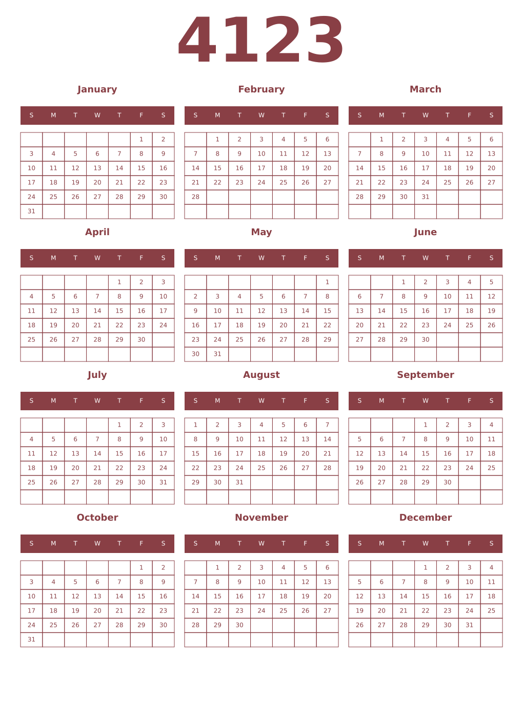 Printable 4123 Year Calendars cordovan