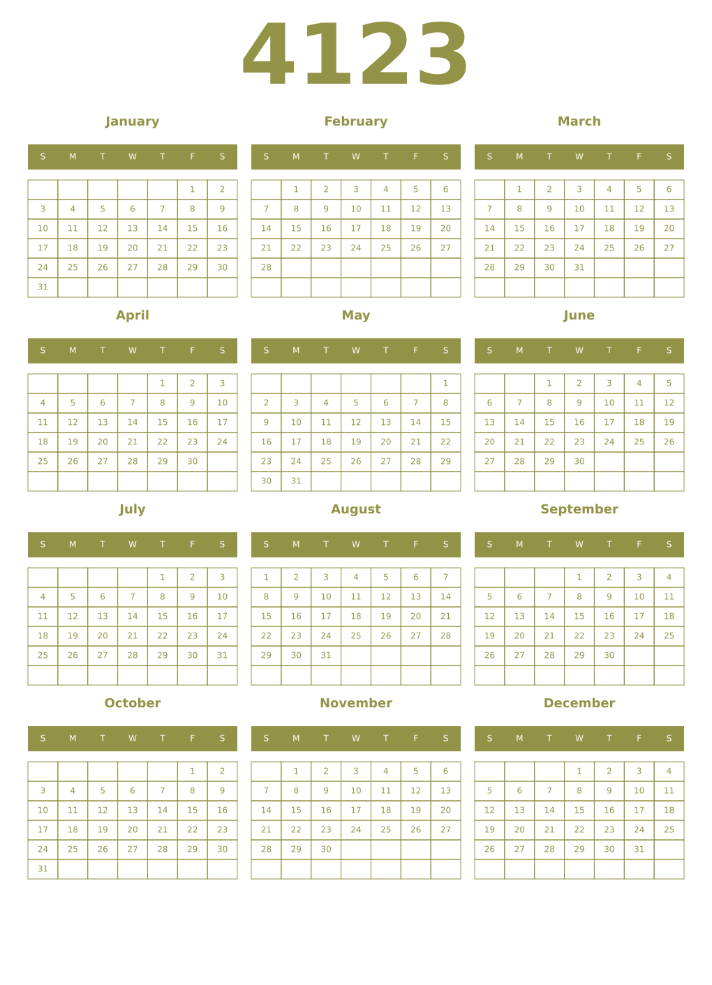 Printable 4123 Year Calendars eburnean