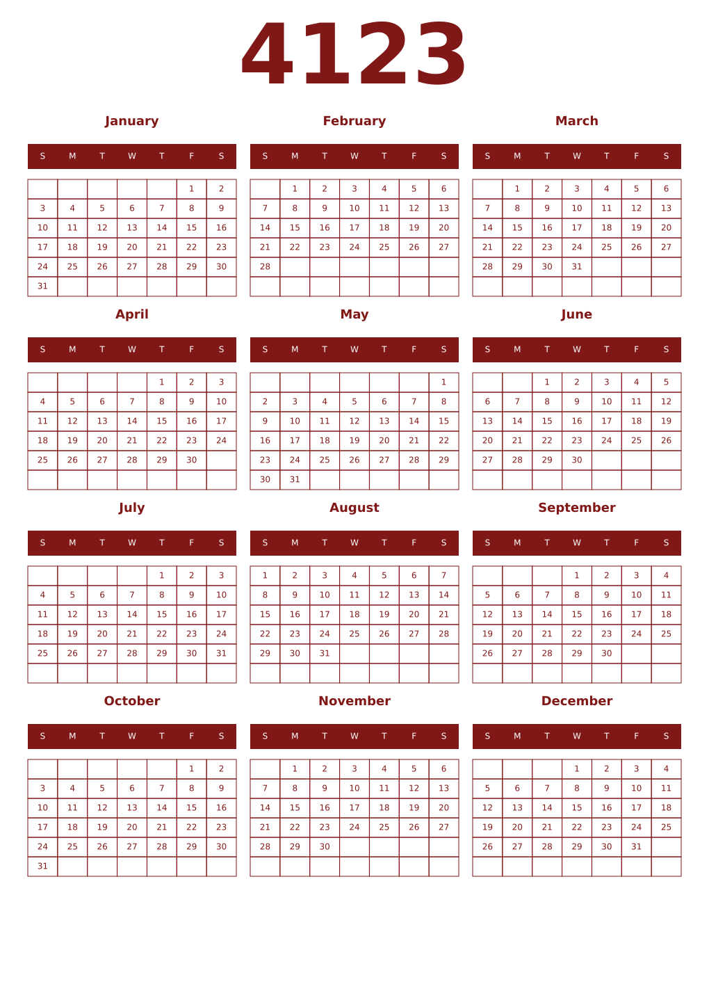 Printable 4123 Year Calendars falu