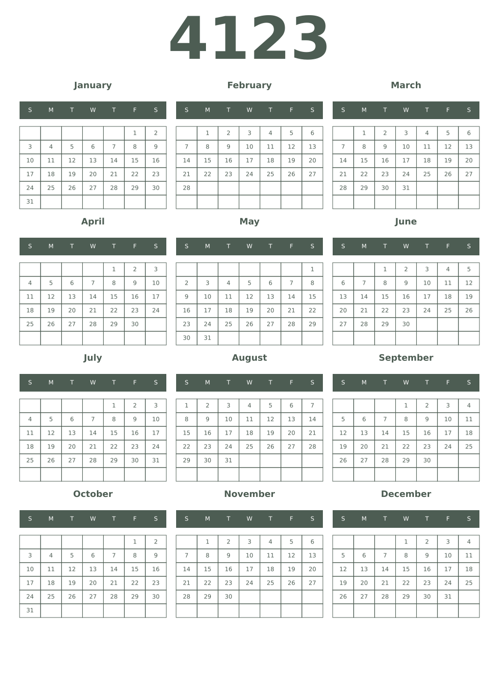 Printable 4123 Year Calendars feldgrau