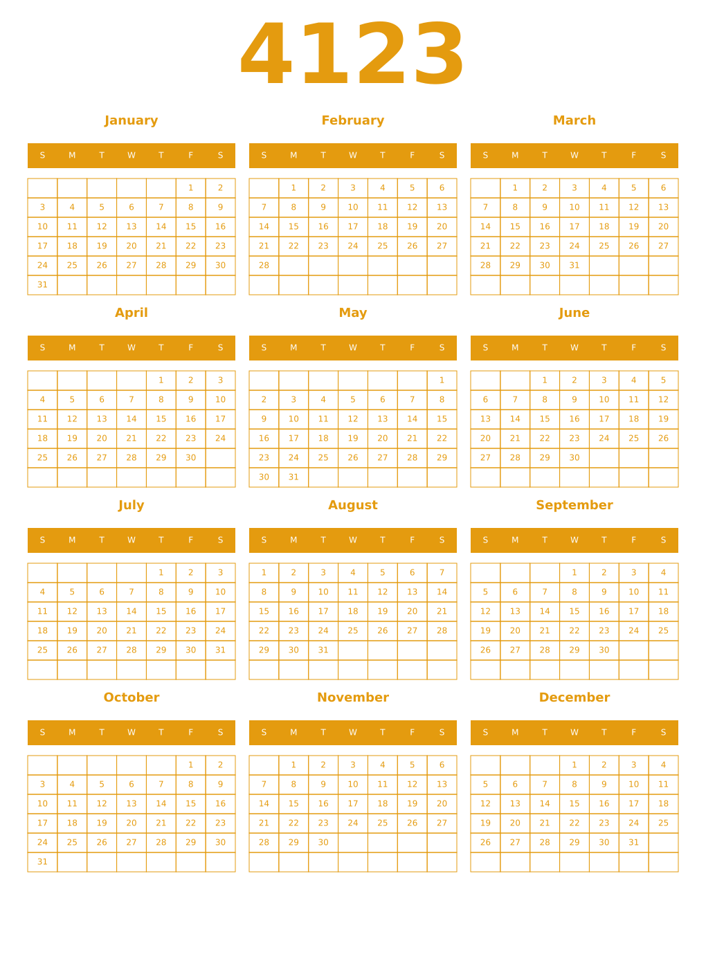 Printable 4123 Year Calendars gamboge