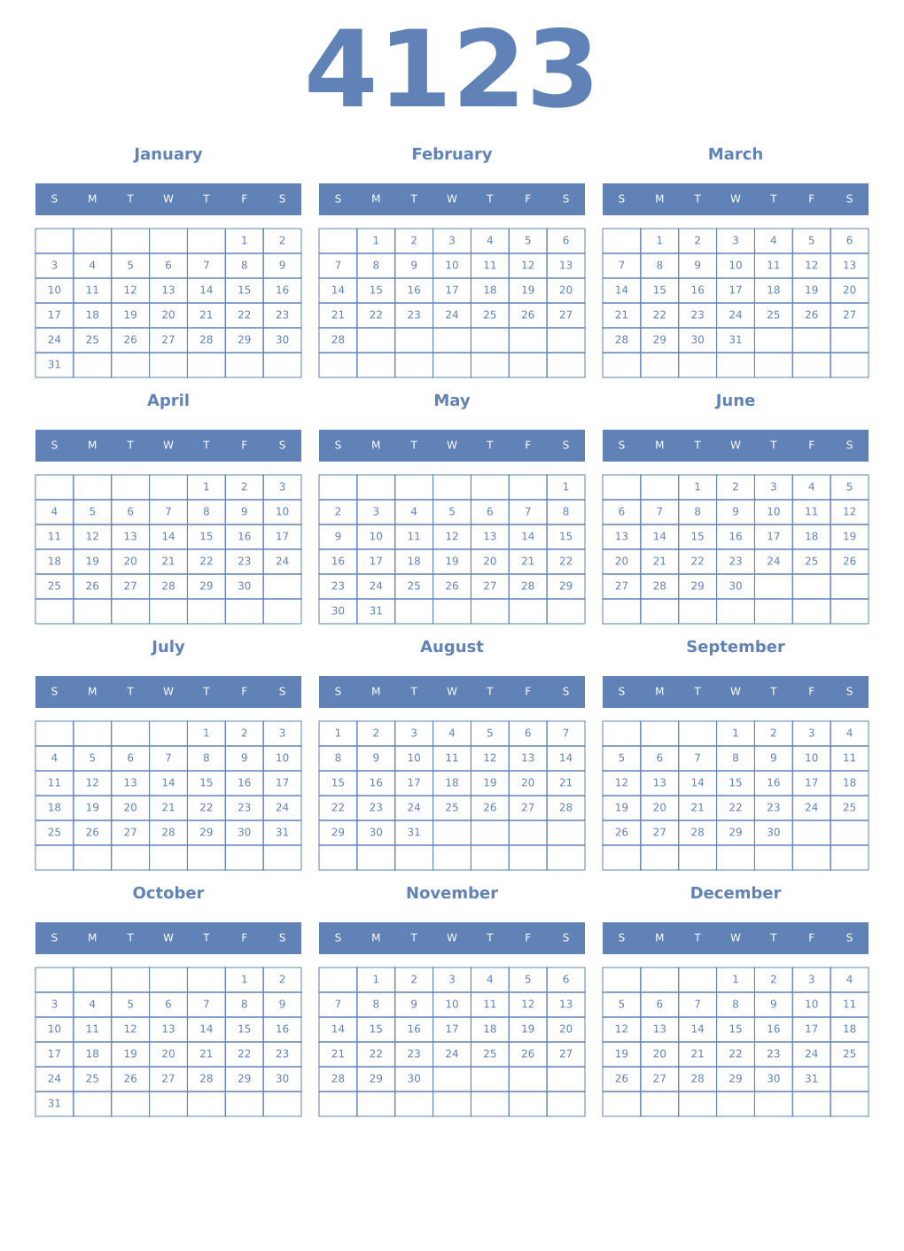 Printable 4123 Year Calendars glaucous