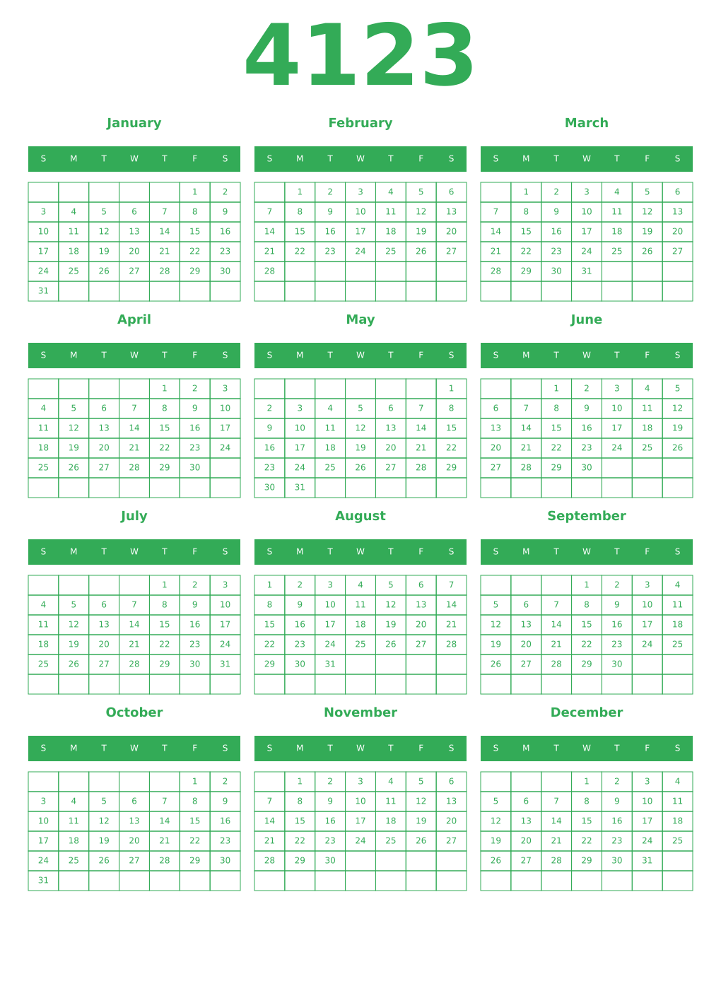 Printable 4123 Year Calendars green