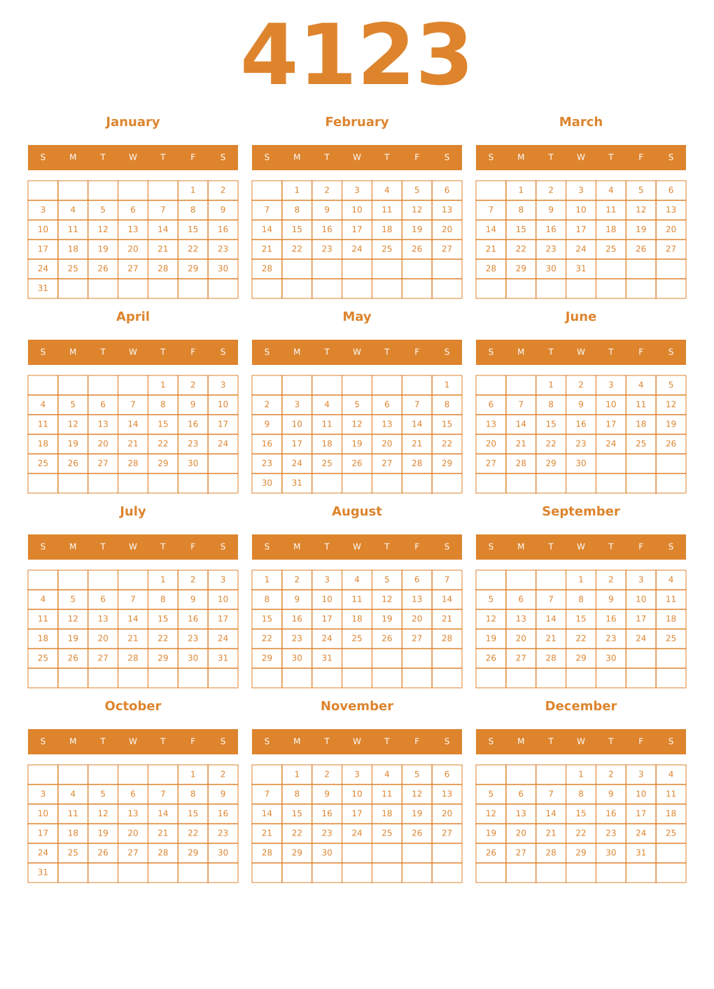 Printable 4123 Year Calendars orange