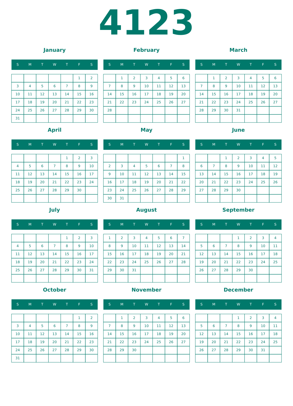 Printable 4123 Year Calendars pastel