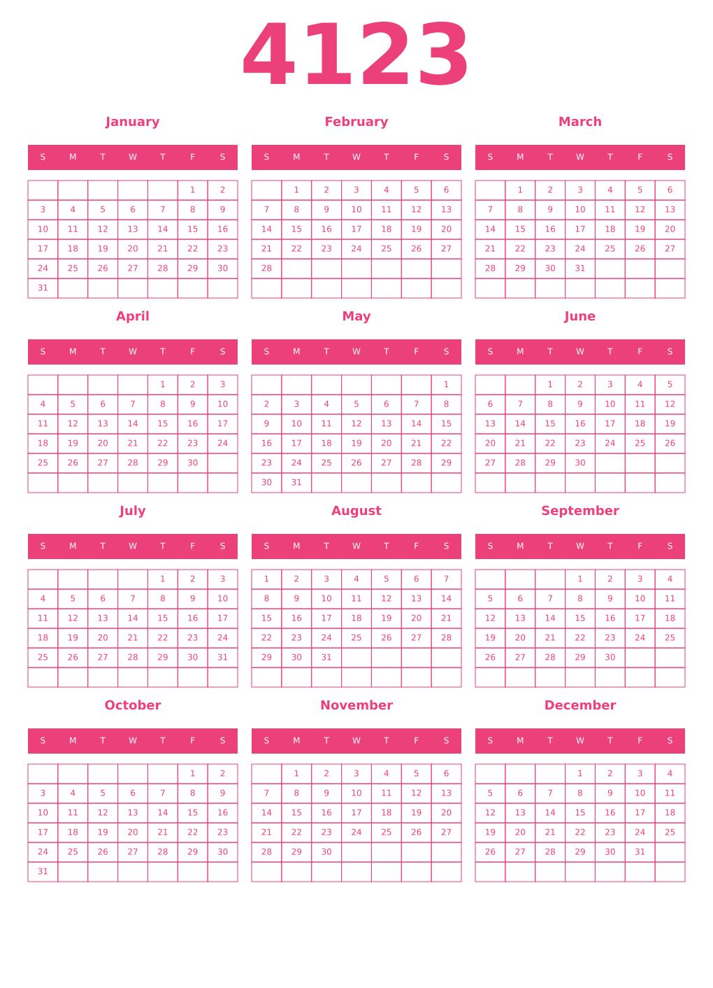 Printable 4123 Year Calendars pink