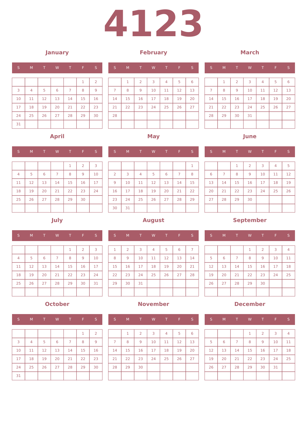 Printable 4123 Year Calendars puce