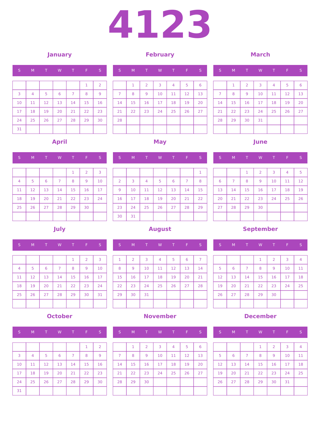 Printable 4123 Year Calendars purple