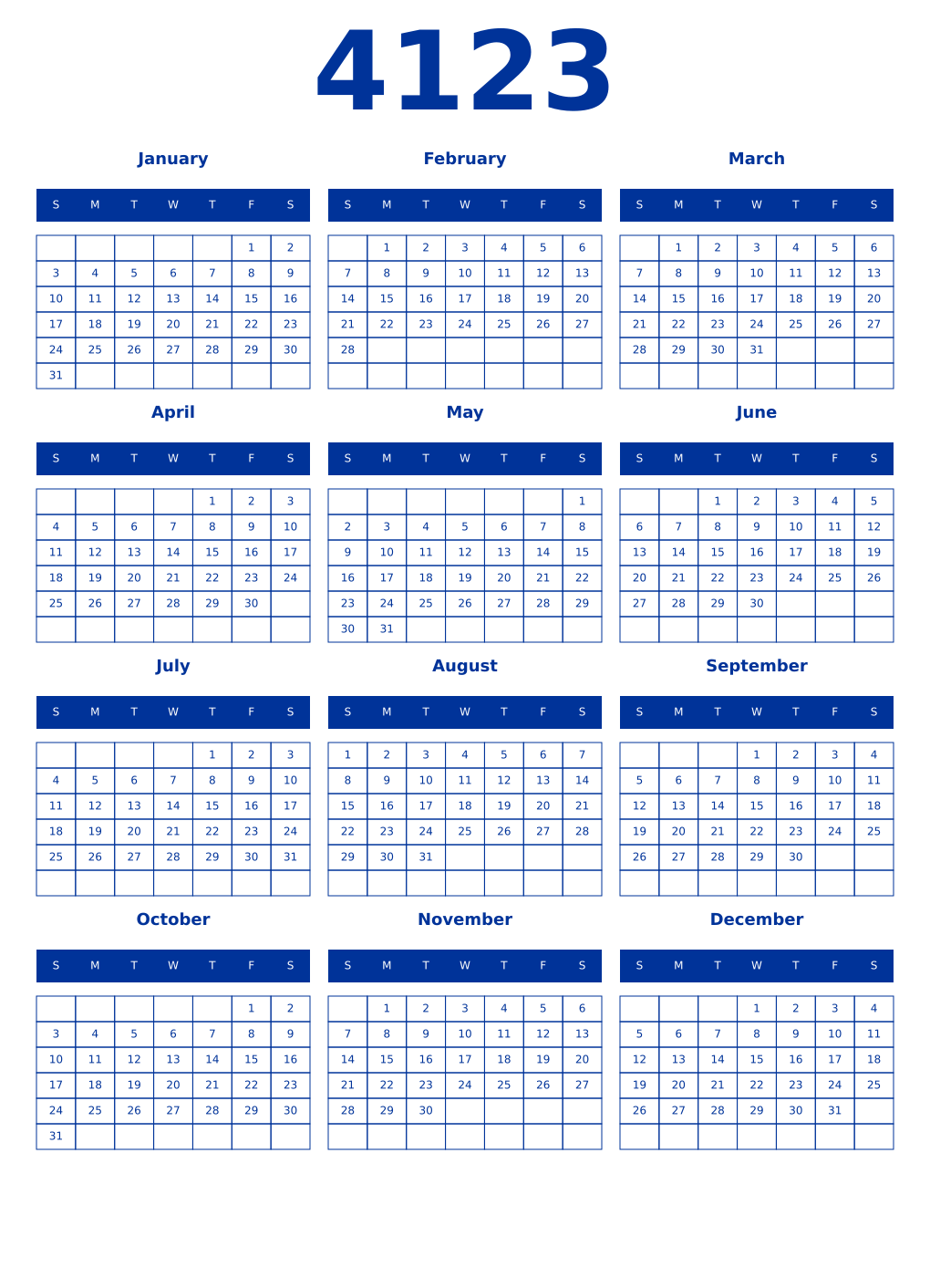 Printable 4123 Year Calendars smalt