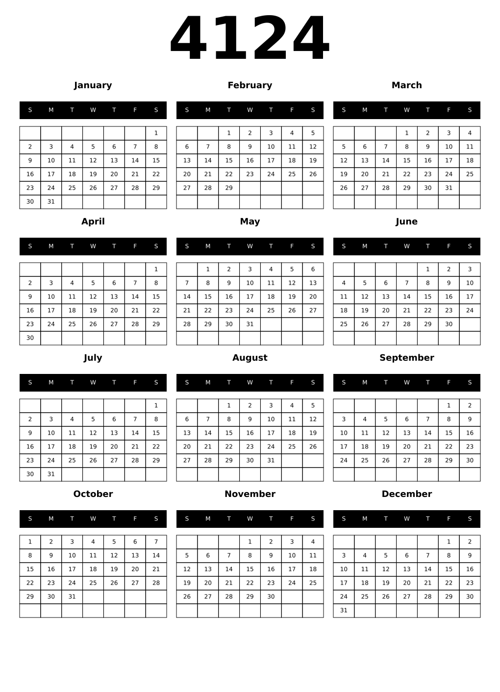 Printable 4124 Year Calendars black