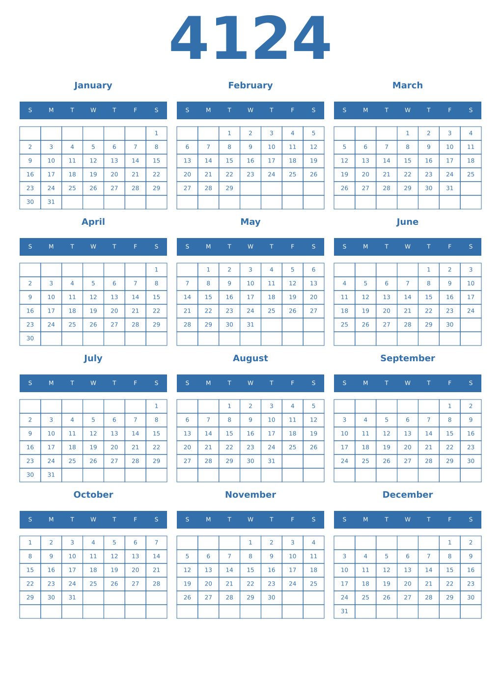 Printable 4124 Year Calendars blue