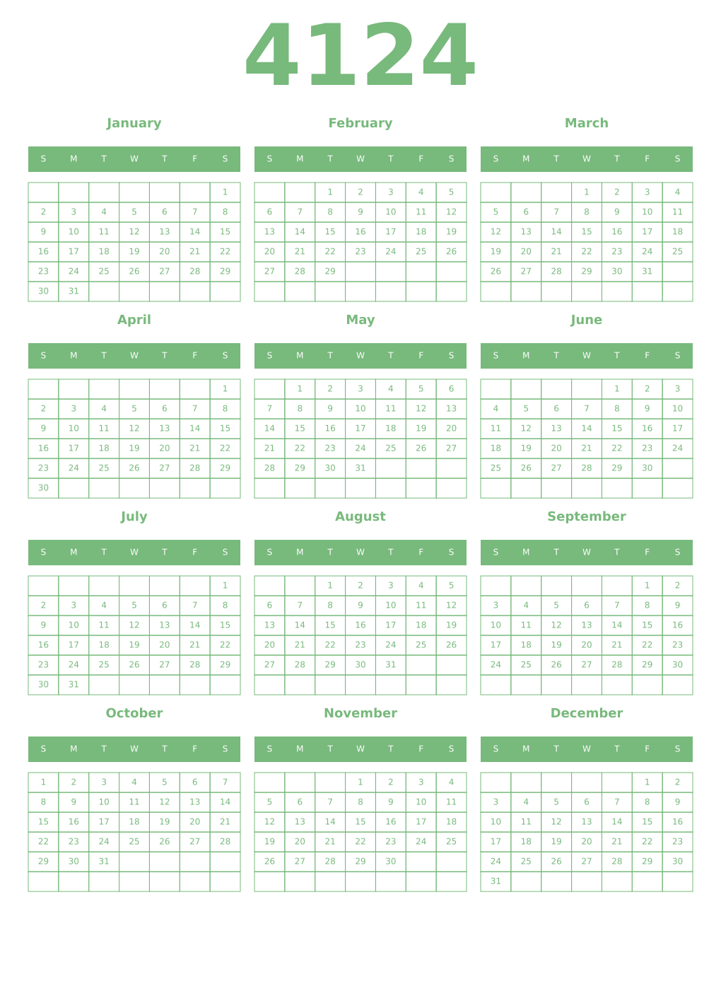 Printable 4124 Year Calendars celadon