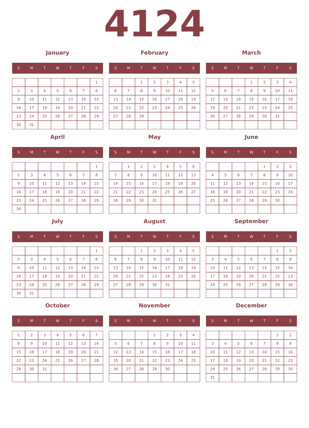 Printable 4124 Year Calendars cordovan