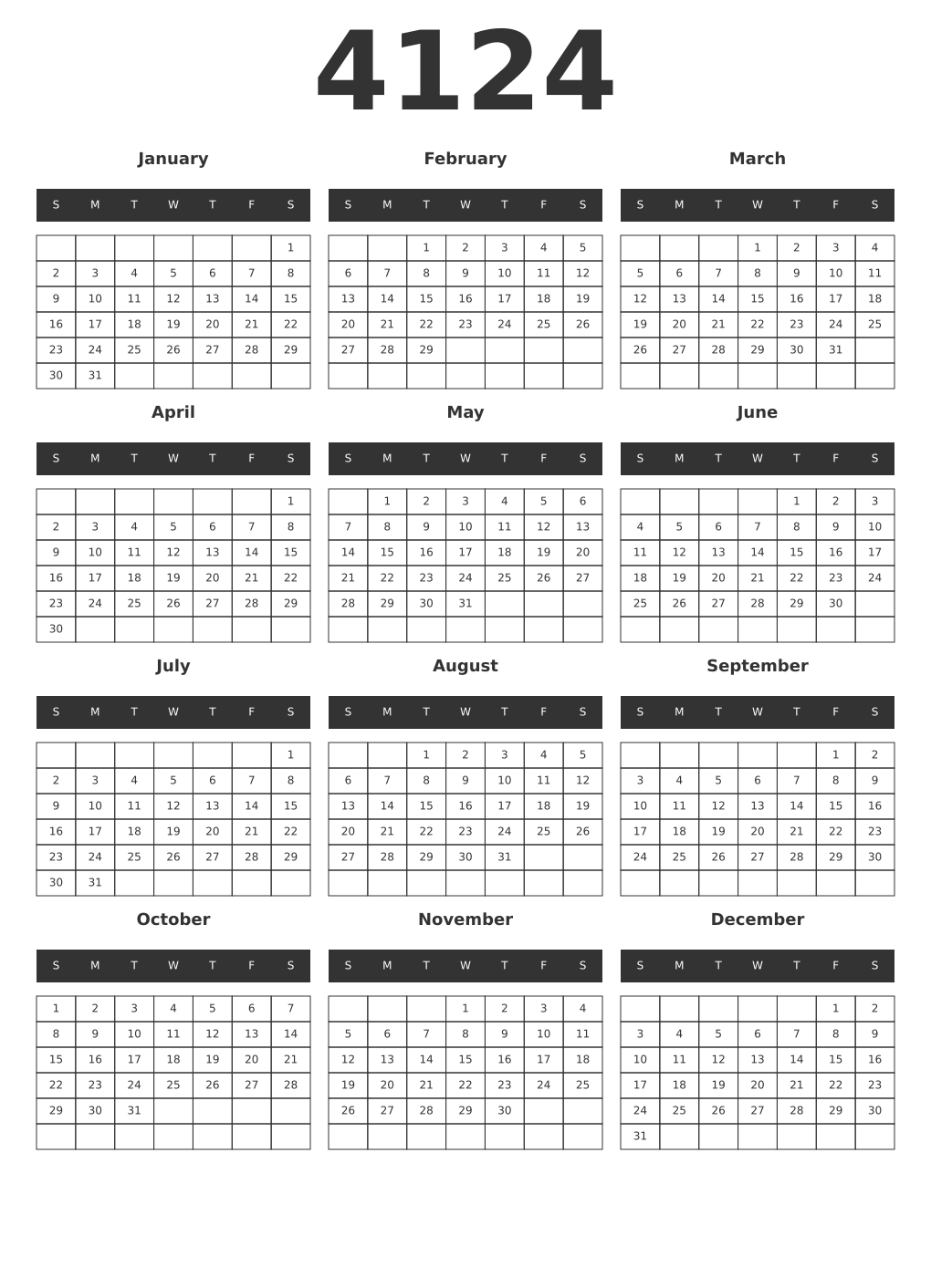 Printable 4124 Year Calendars dark