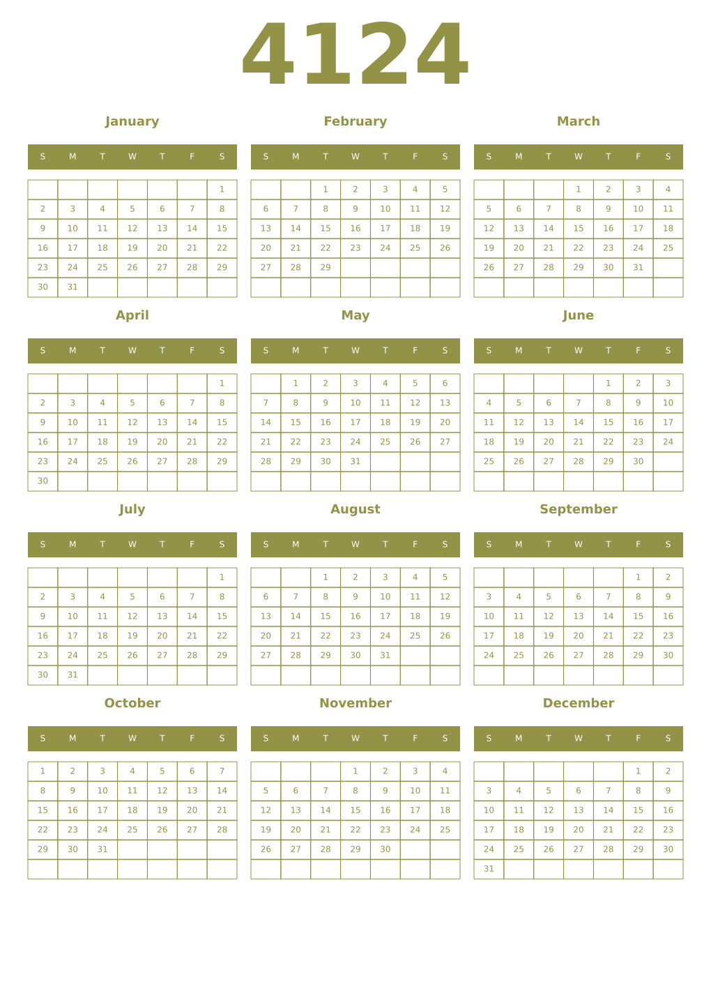 Printable 4124 Year Calendars eburnean