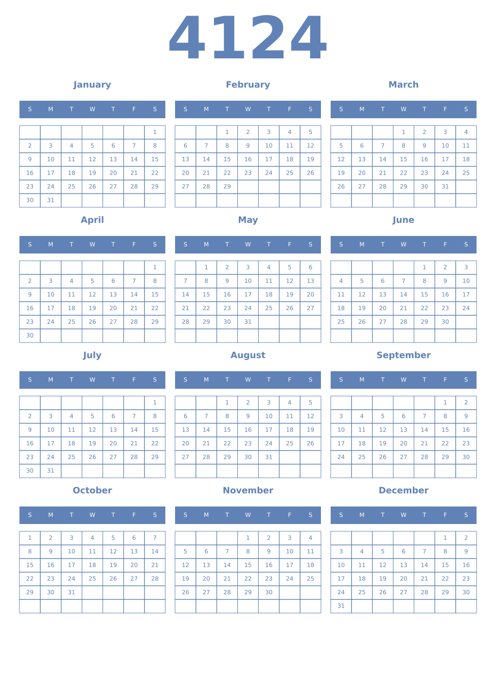 Printable 4124 Year Calendars glaucous