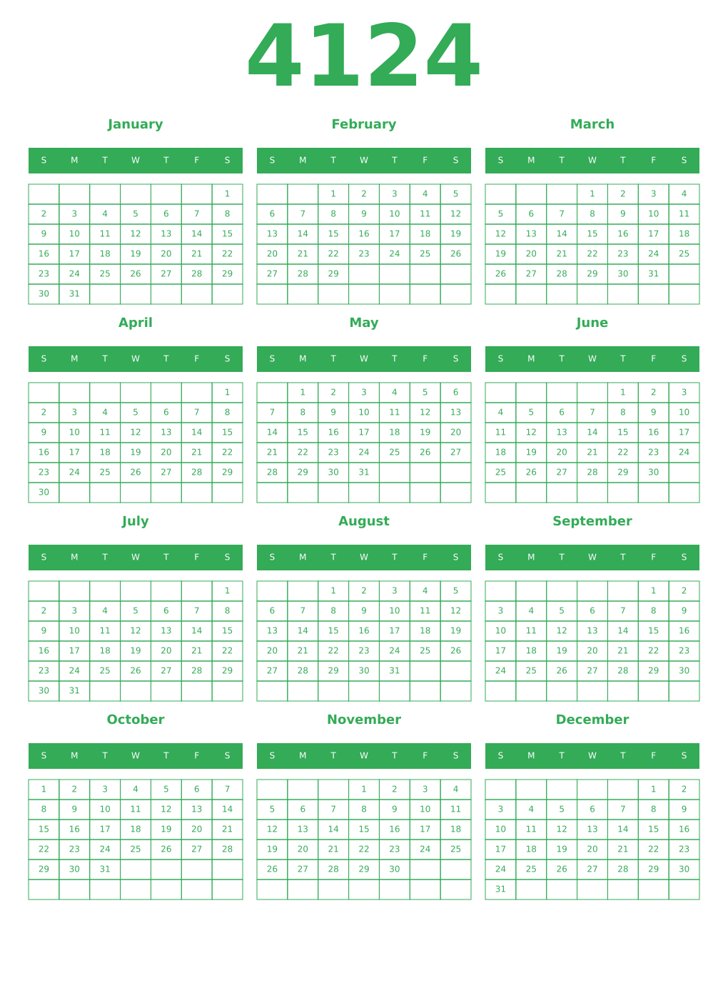 Printable 4124 Year Calendars green