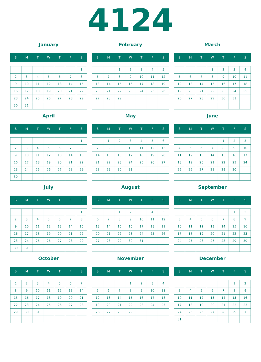 Printable 4124 Year Calendars pastel