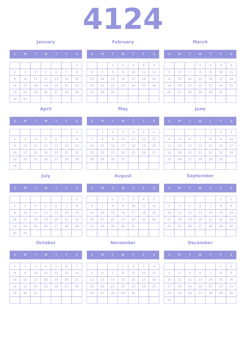 Printable 4124 Year Calendars periwinkle
