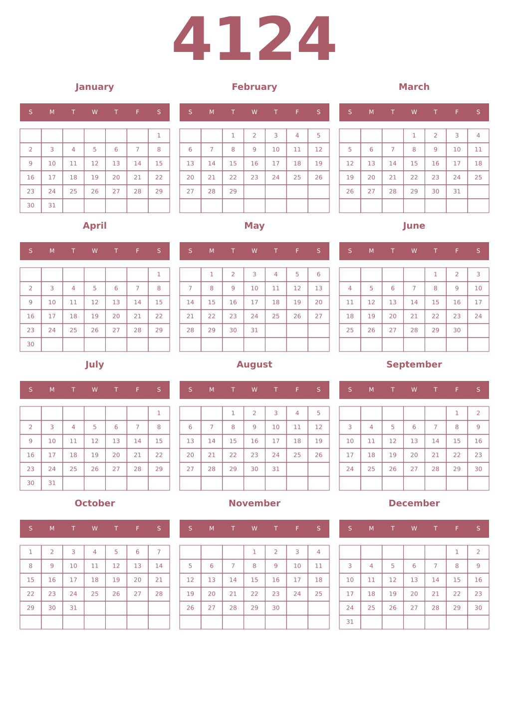 Printable 4124 Year Calendars puce