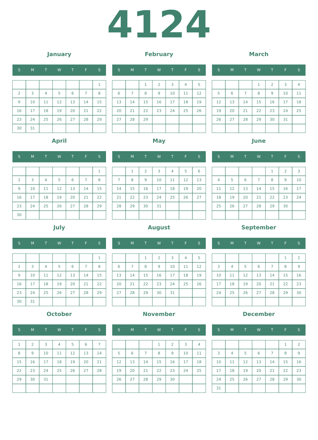 Printable 4124 Year Calendars viridian