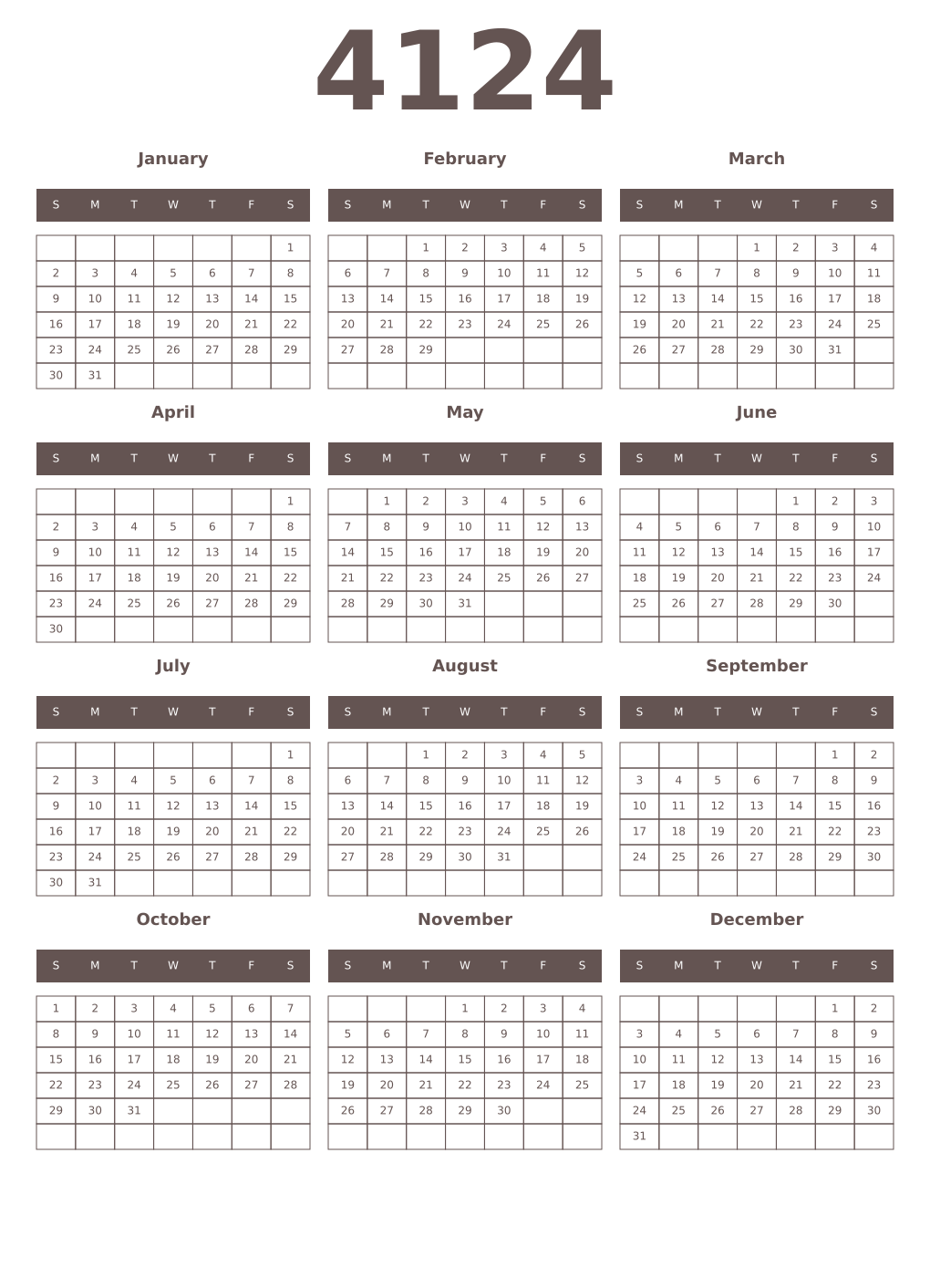 Printable 4124 Year Calendars wenge