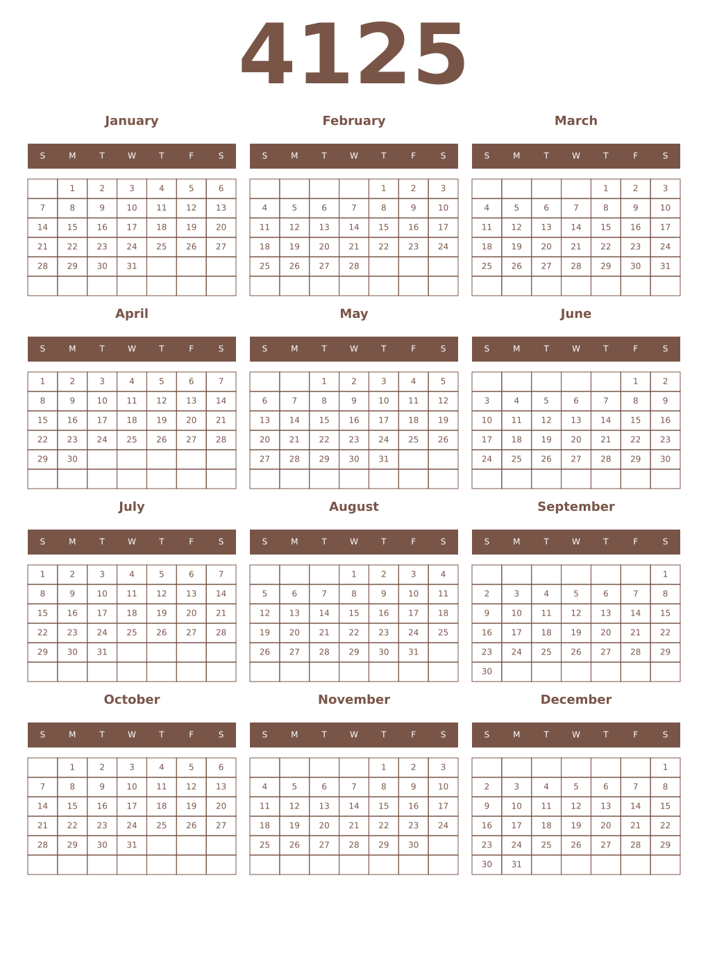 Printable 4125 Year Calendars coffe