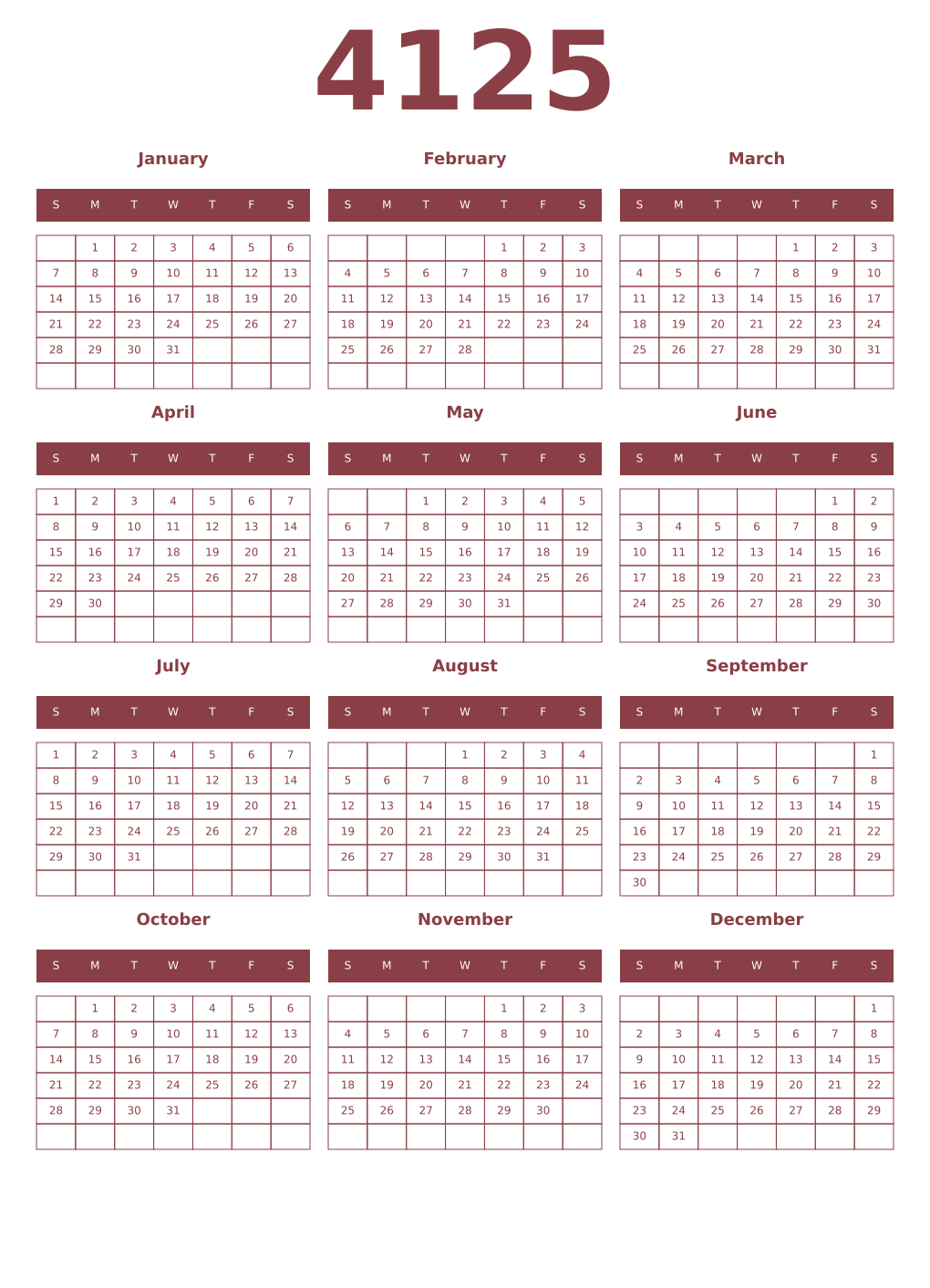 Printable 4125 Year Calendars cordovan