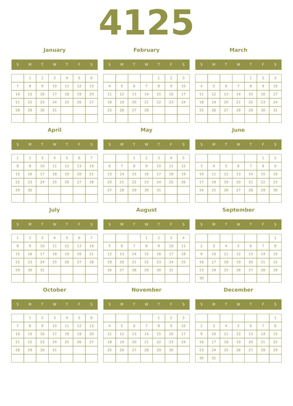 Printable 4125 Year Calendars eburnean