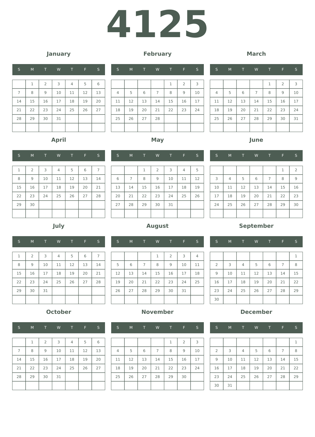 Printable 4125 Year Calendars feldgrau
