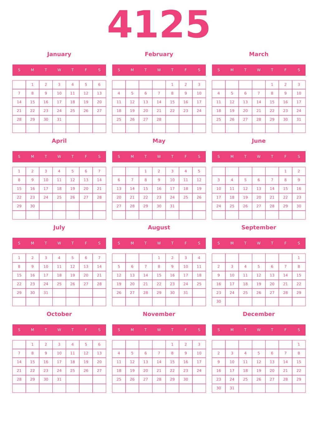 Printable 4125 Year Calendars pink