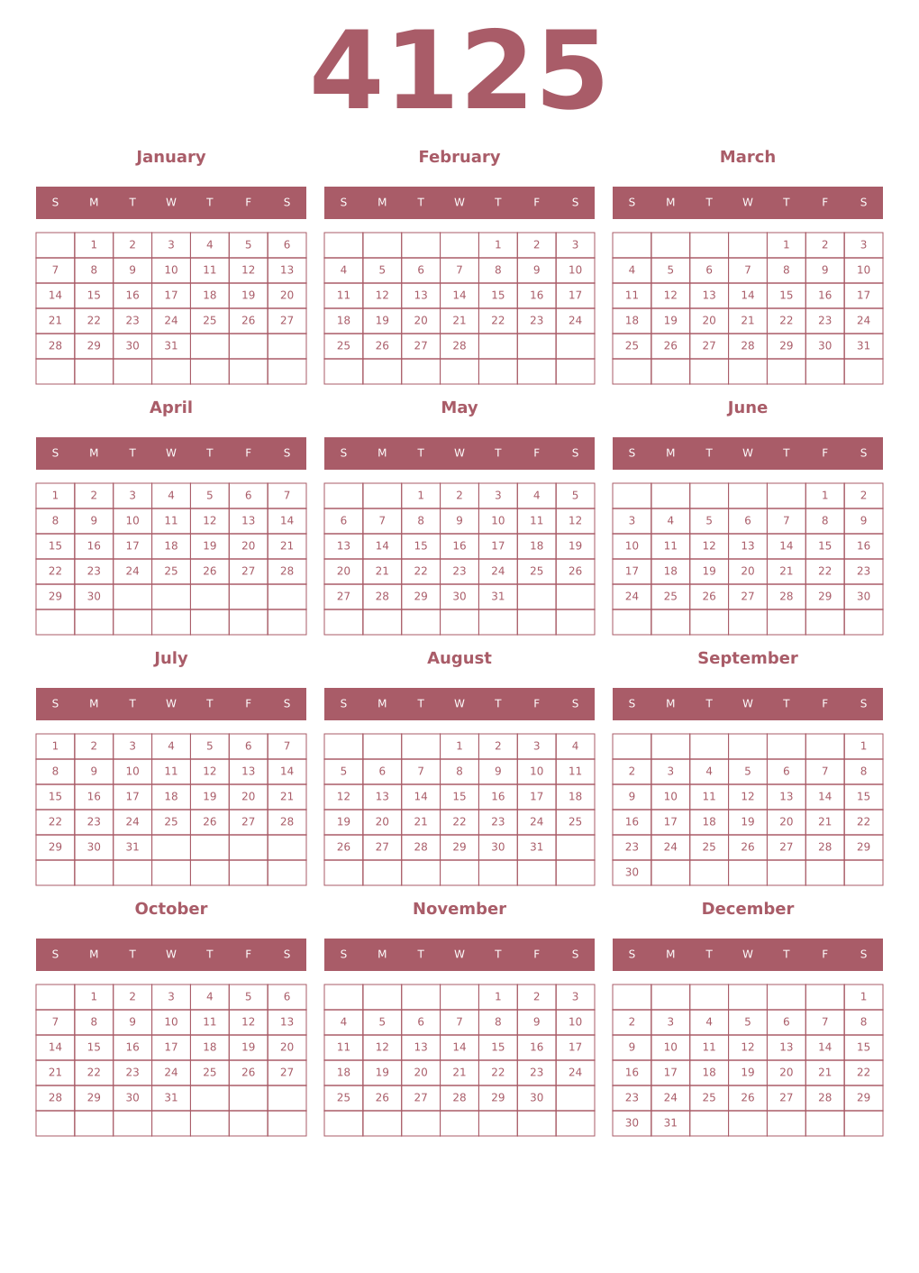 Printable 4125 Year Calendars puce