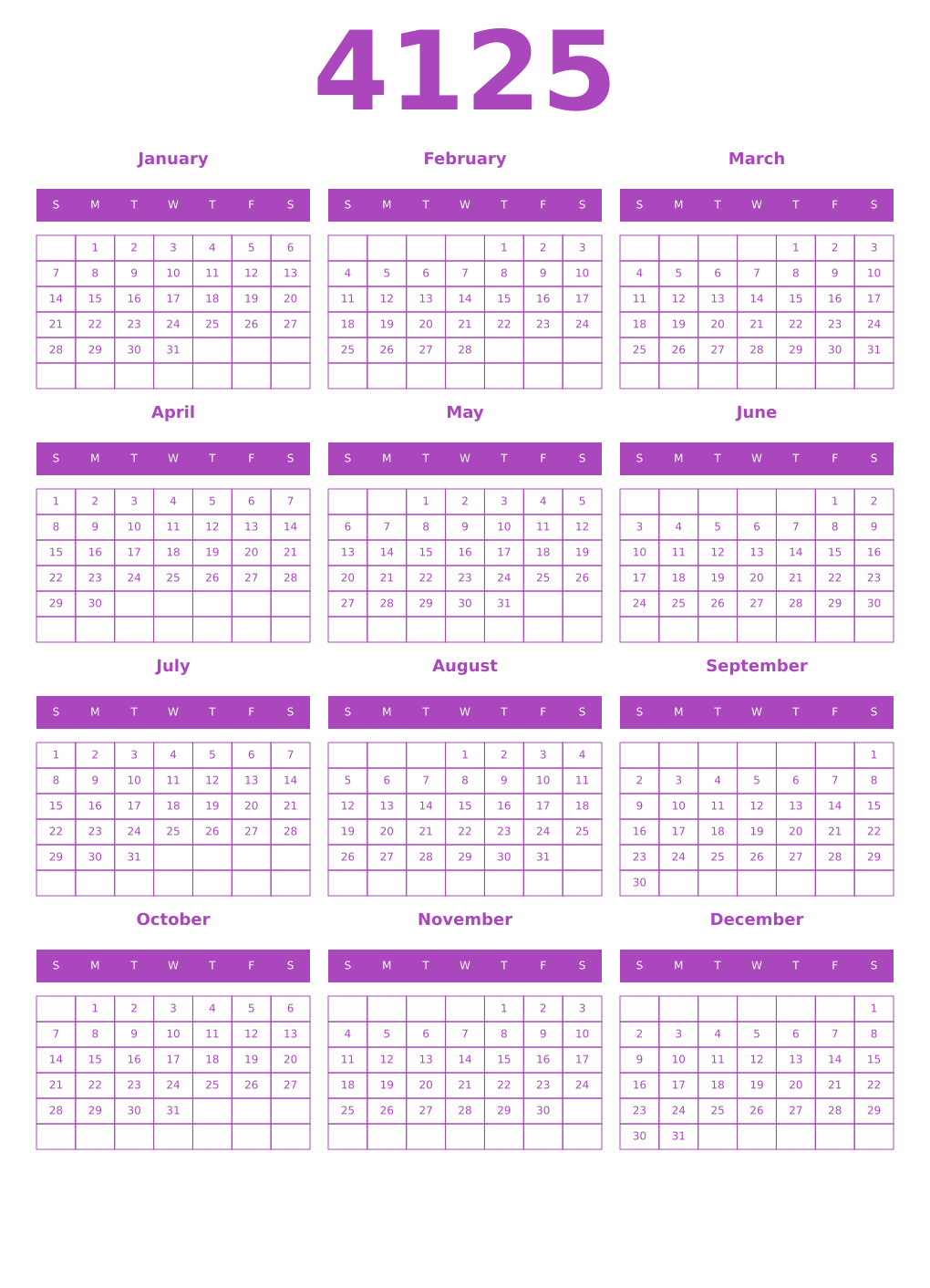 Printable 4125 Year Calendars purple