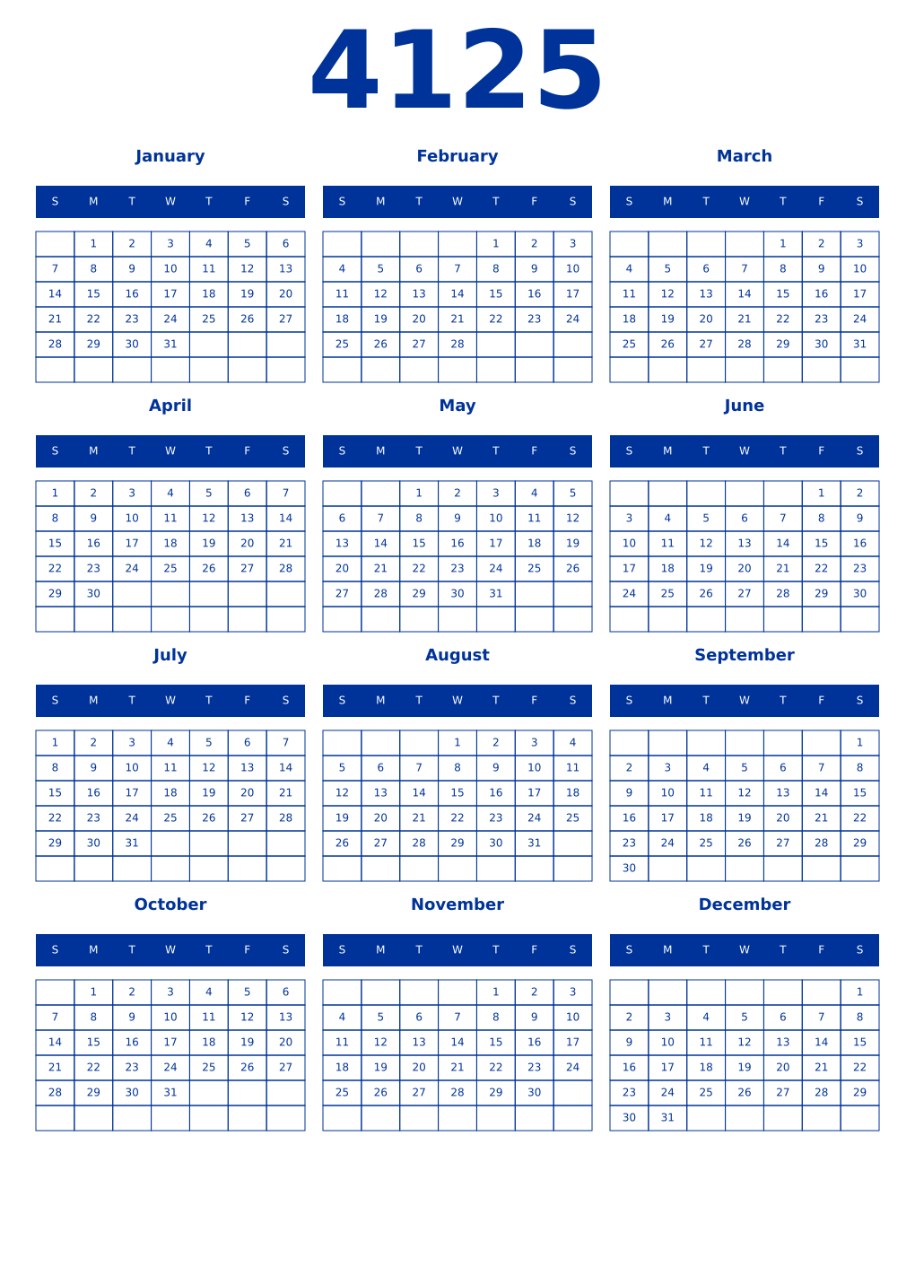 Printable 4125 Year Calendars smalt