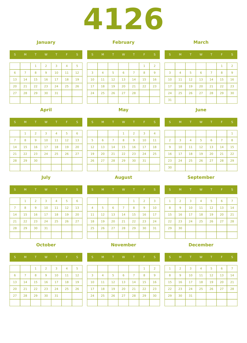 Printable 4126 Year Calendars chartreuse