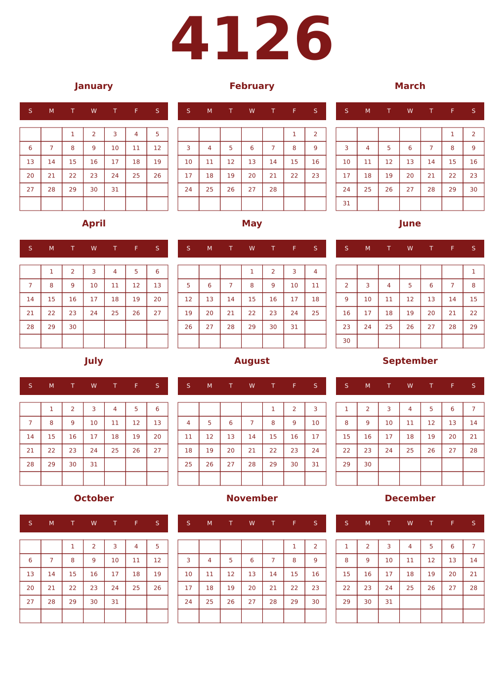 Printable 4126 Year Calendars falu