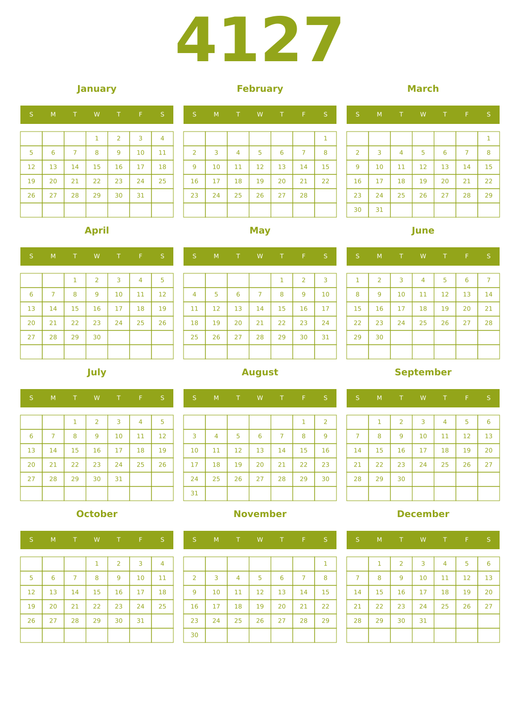Printable 4127 Year Calendars chartreuse