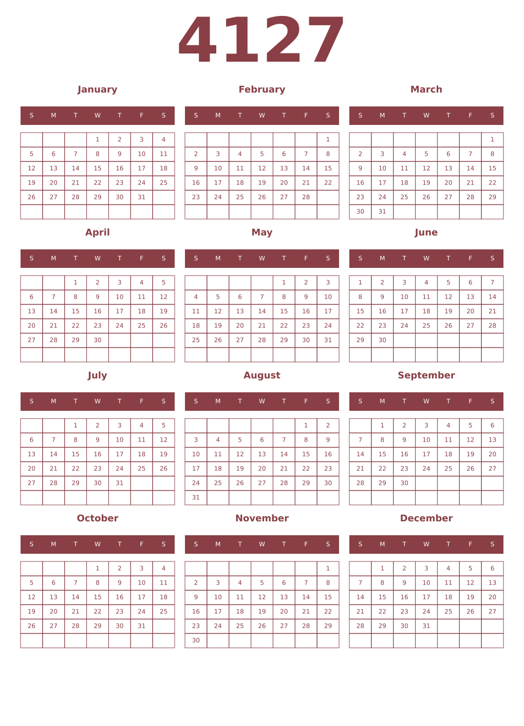 Printable 4127 Year Calendars cordovan