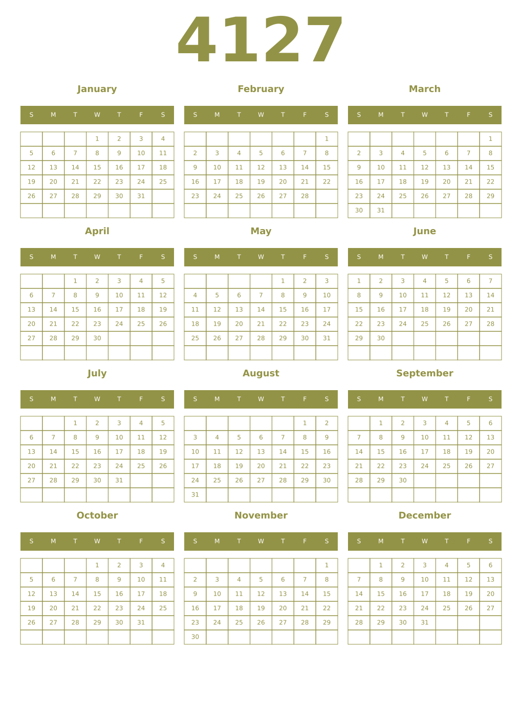Printable 4127 Year Calendars eburnean